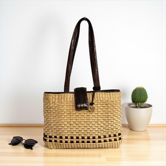 Brighton Straw Weave Snap Tote Leather Strap Handbag Summer Travel Cottage - Picture 3 of 14